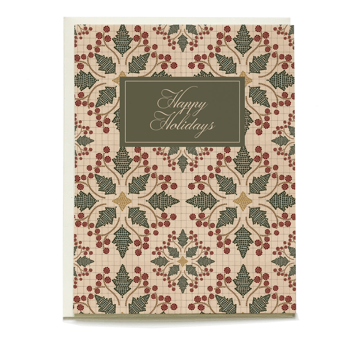Mosaic Holly Holiday Card by Pen+Pillar with a natural cream envelope