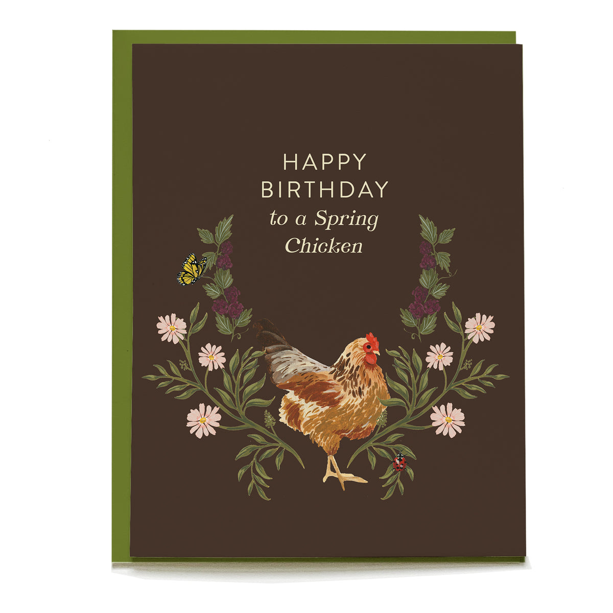 Spring Chicken Birthday Card by Pen+Pillar with a green envelope
