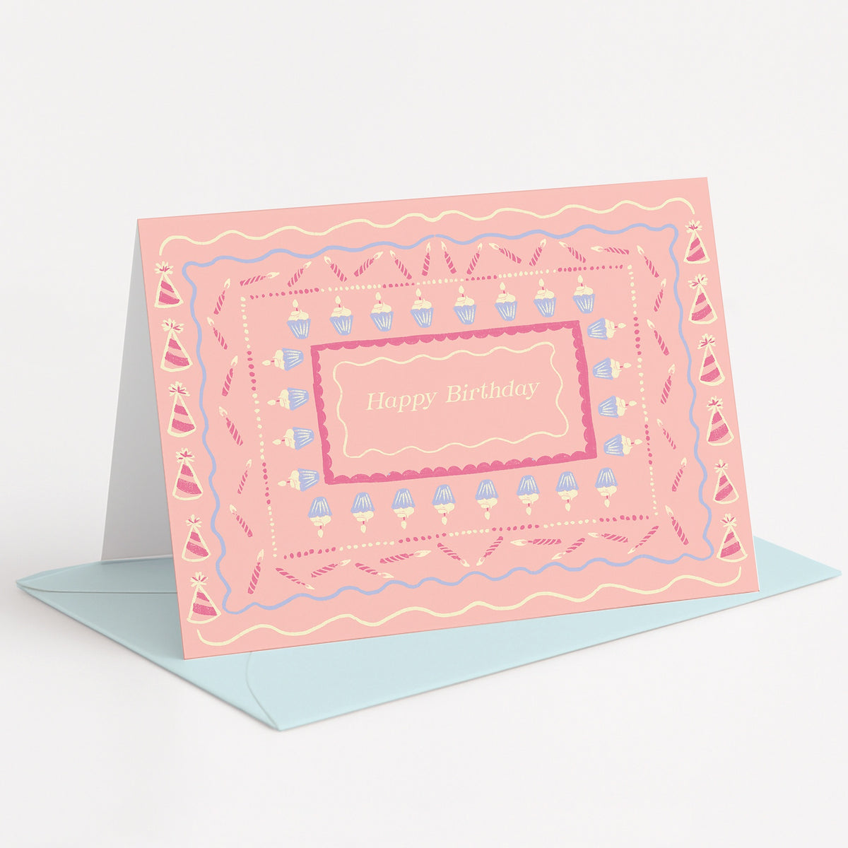 Festivities Birthday Card by Pen+Pillar standing on a light blue envelope