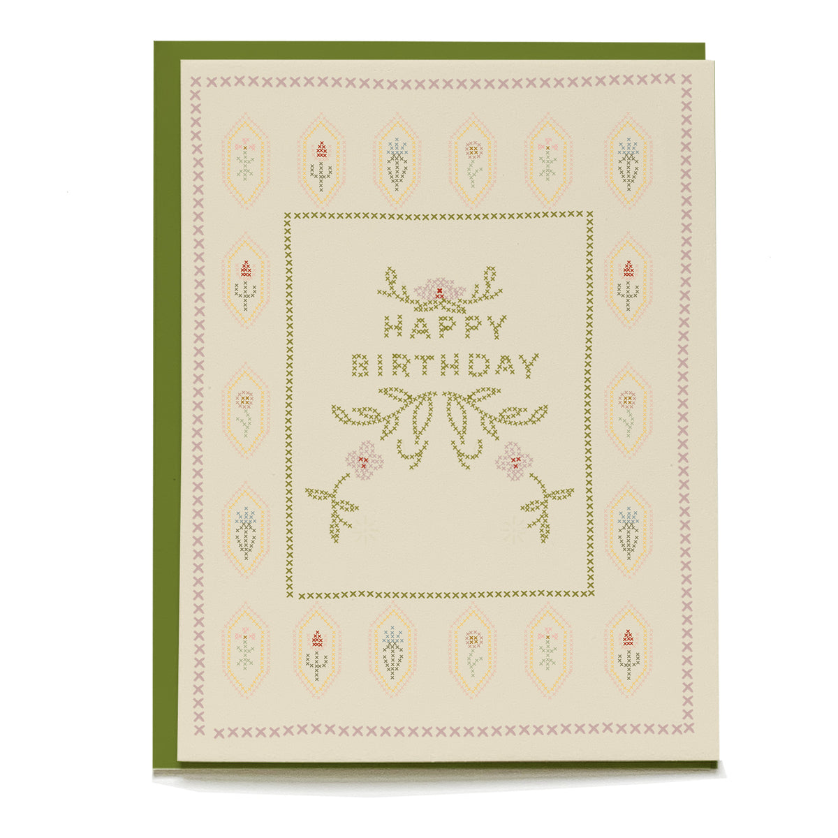 Cross-Stitch Birthday Card by Pen+Pillar with a green envelope