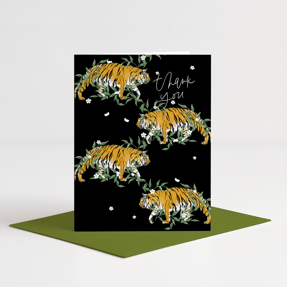 Tiger Vines Thank You Card standing on a green envelope