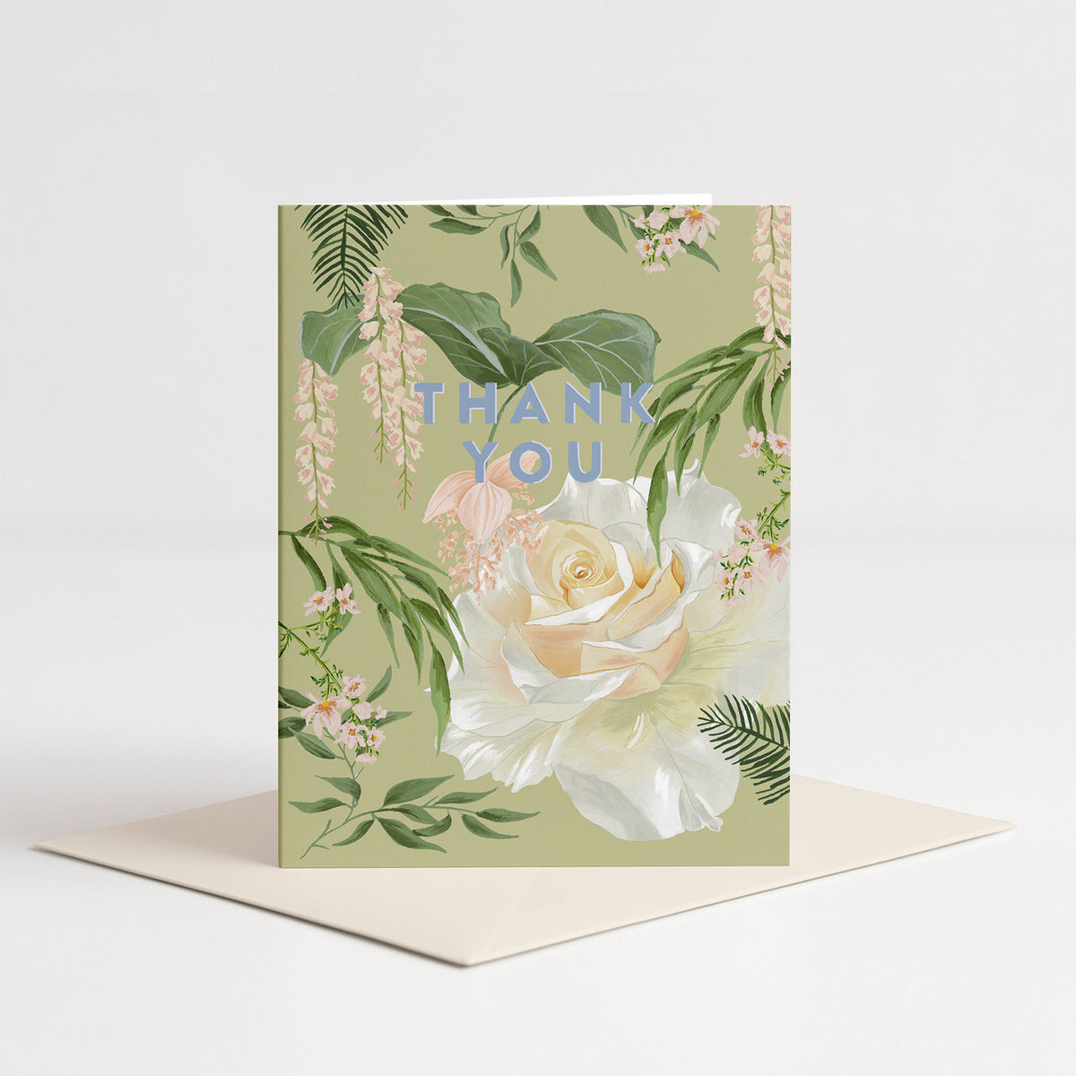 Garden Rose Thank You Card standing on a pale pink envelope