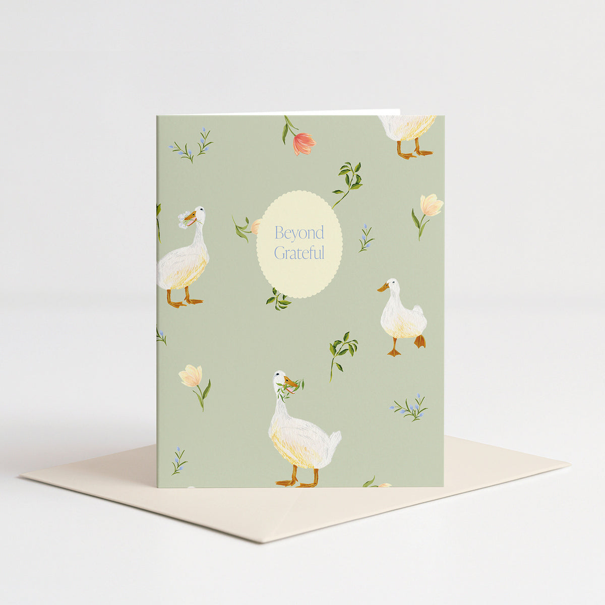 Duck Thank You Card standing on a pale pink envelope