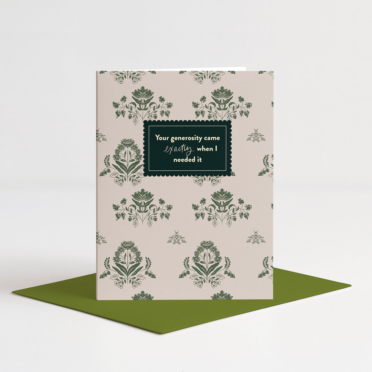 Eloise Thank You Card standing on a green envelope