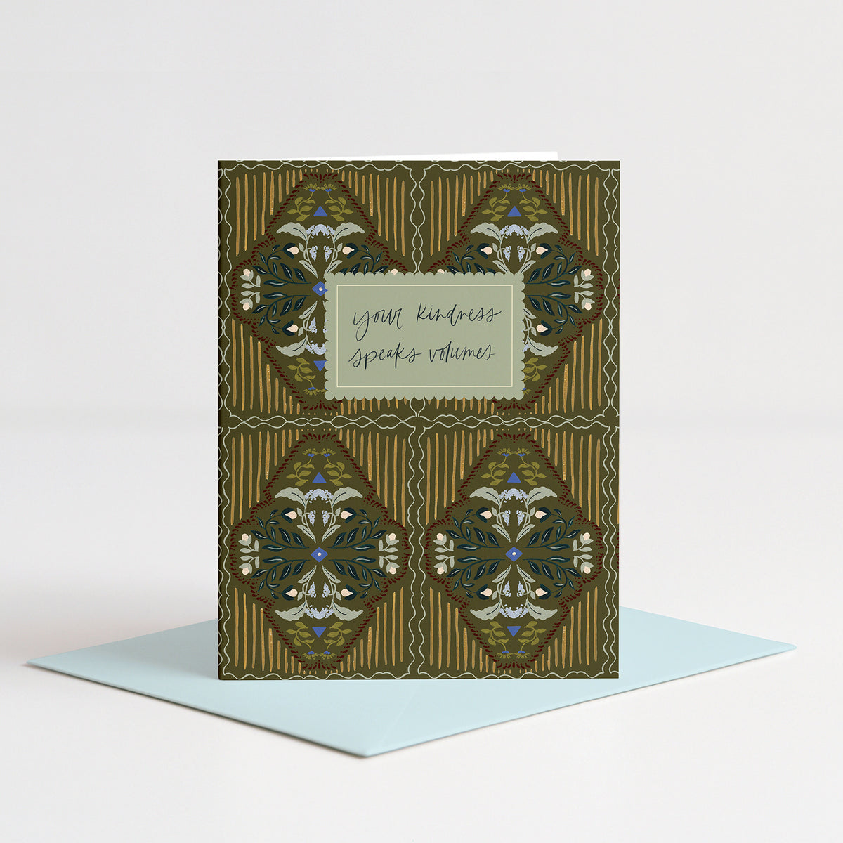 Diamond Sprig Thank You Card standing on a light blue envelope