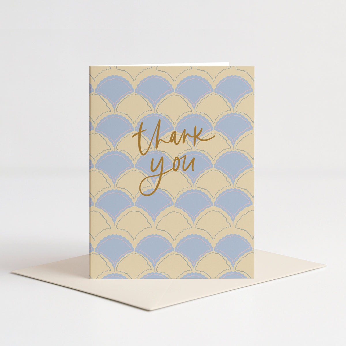 Scallops Thank You Card standing on a pale pink envelope