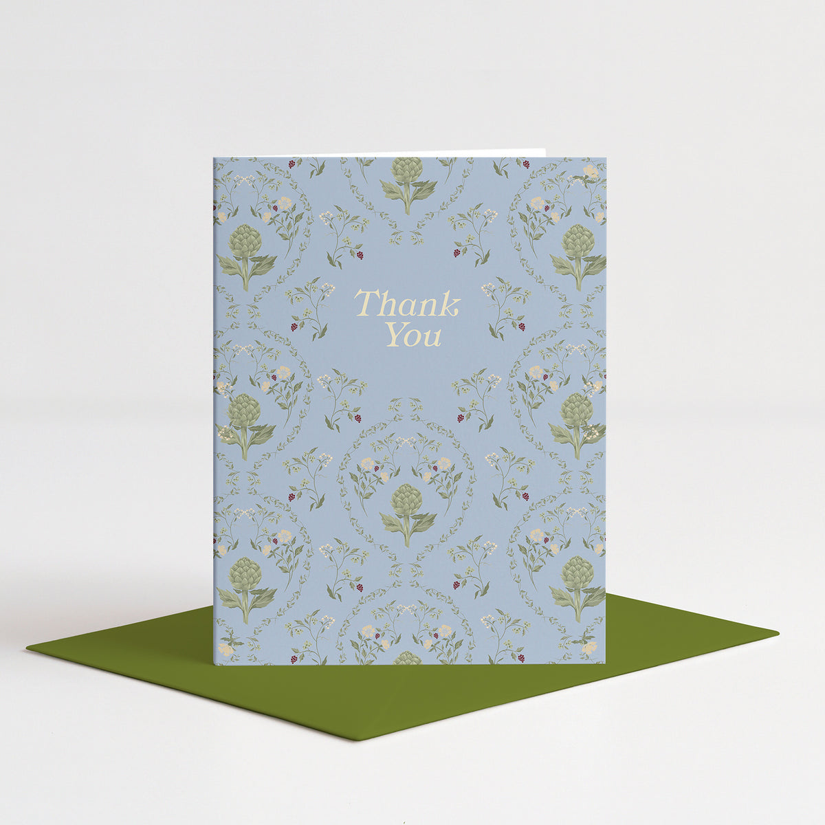 Artichoke Thank You Card standing on a green envelope