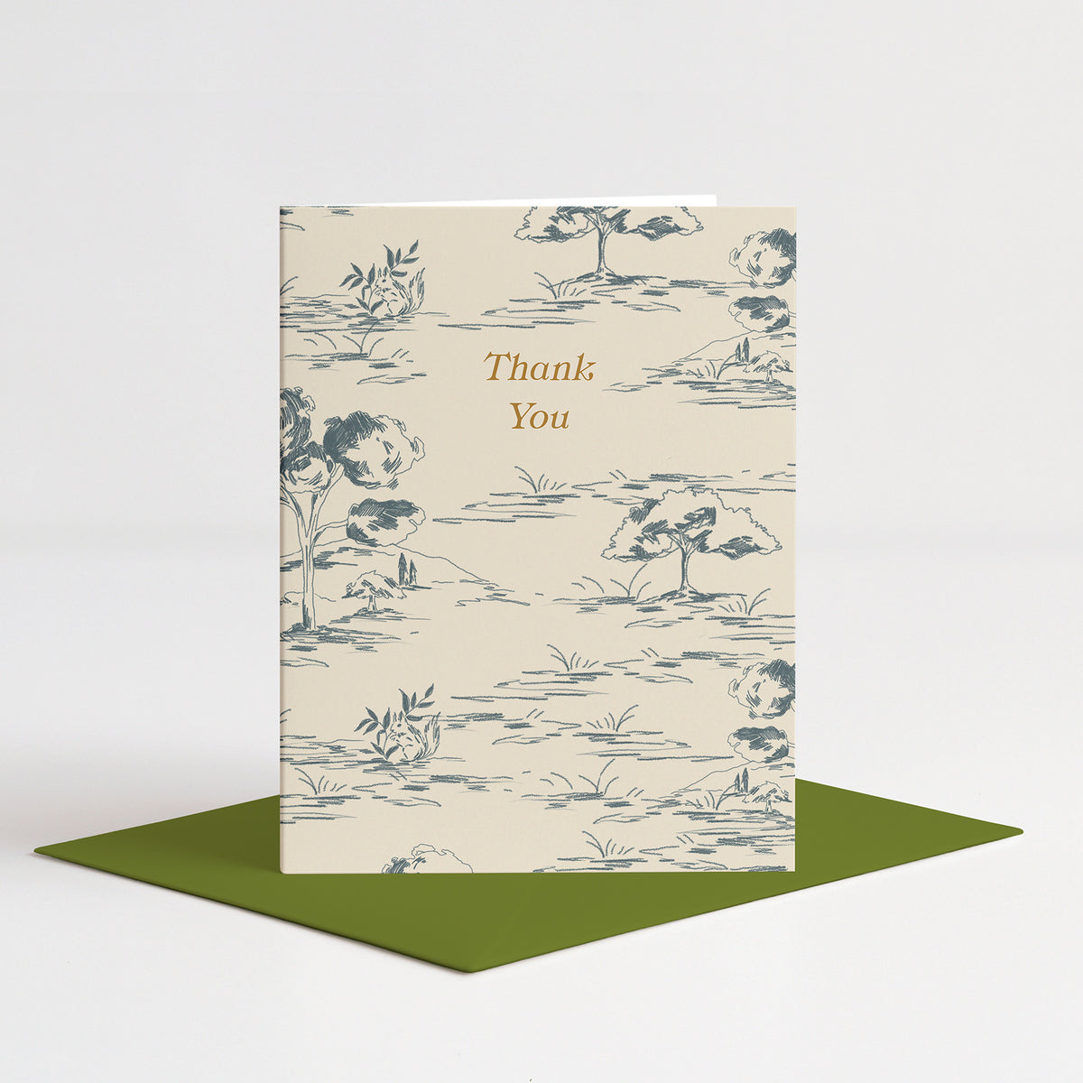 Orchard Thank You Card standing on a green envelope