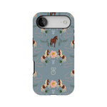 Prairie personalized iPhone case featuring a floral and horse pattern on a blue background.