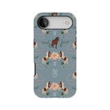 Prairie personalized iPhone case featuring a floral and horse pattern on a blue background.