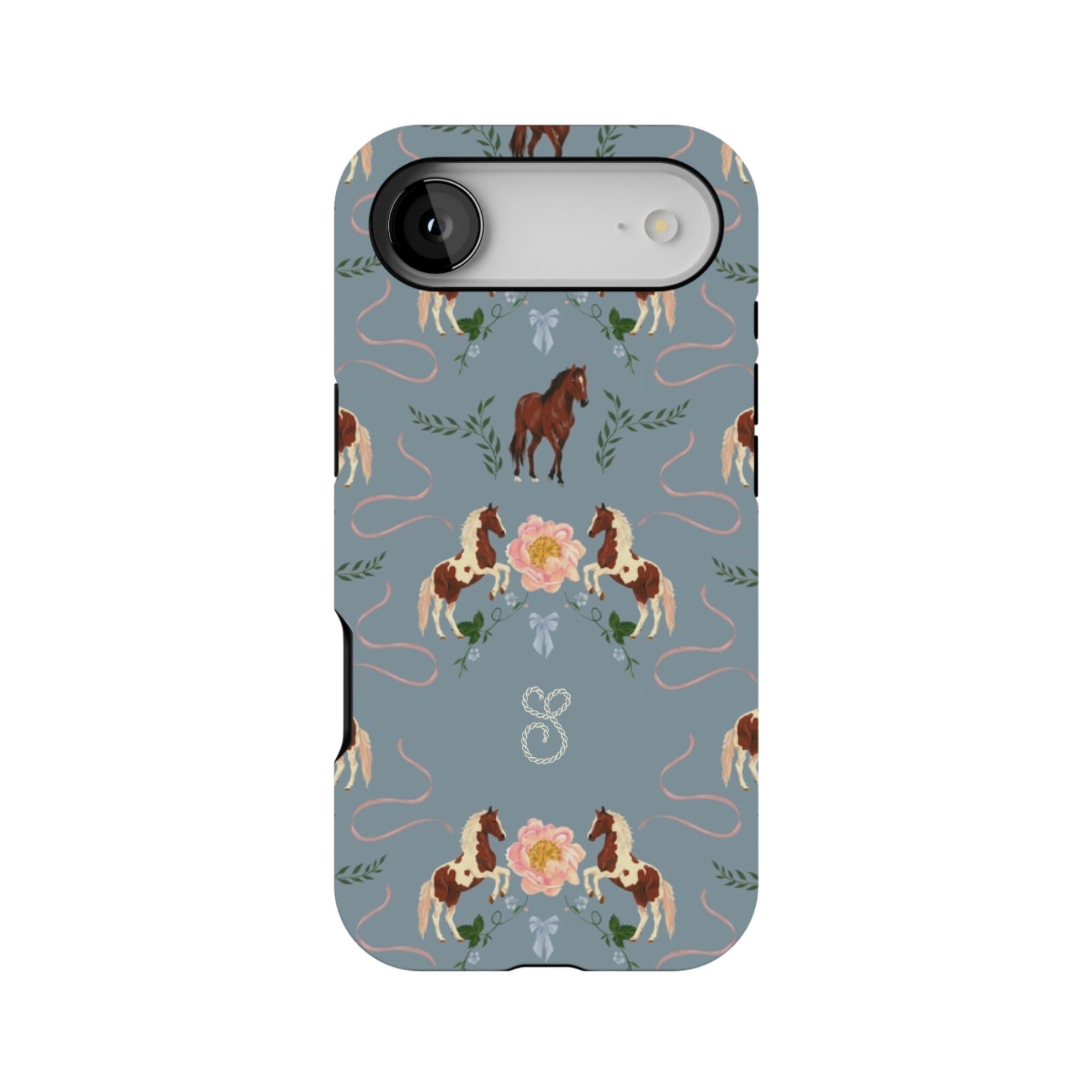 Prairie personalized iPhone case featuring a floral and horse pattern on a blue background.