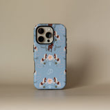 Prairie personalized iPhone case featuring a blue background with horse and floral patterns, and a monogrammed 'P'.