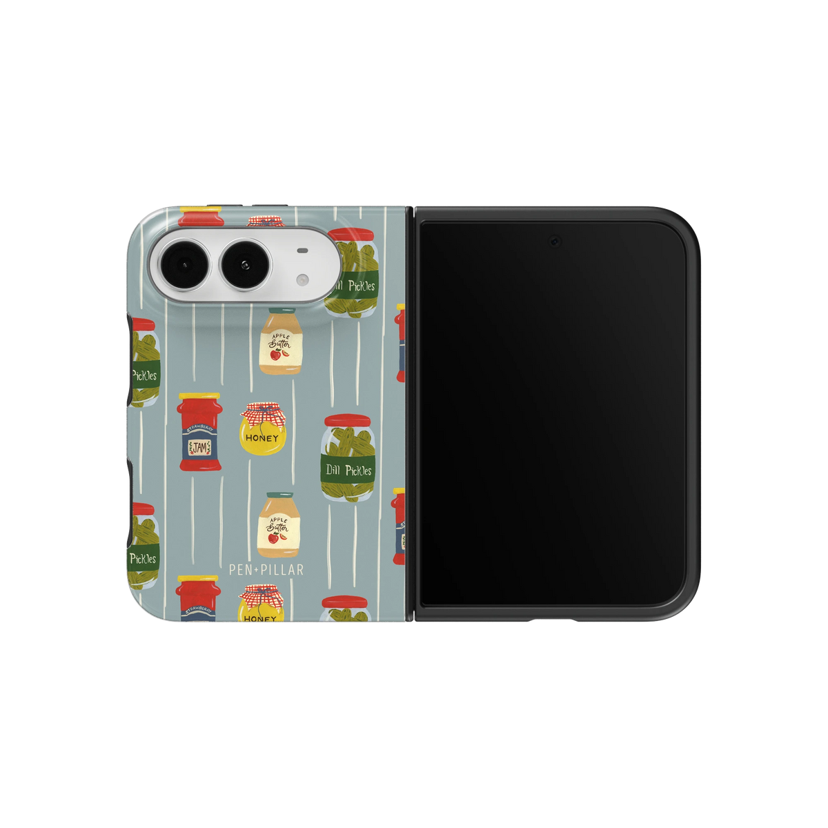 Preserves iPhone 18 Duo case on an unfolded iPhone 18 Duo, back and screen side by side: jars of honey, pickles and jam on slate blue stripes
