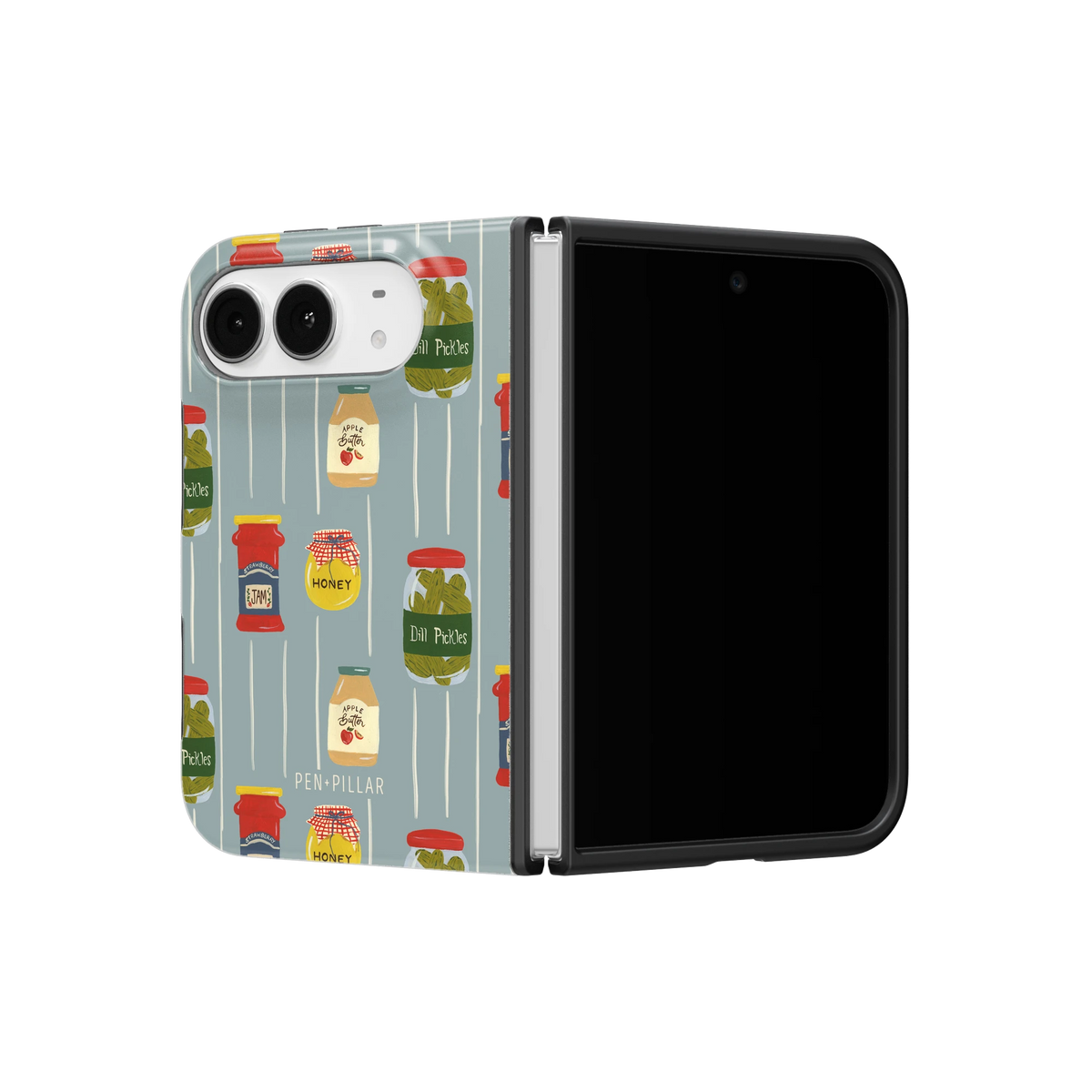Preserves iPhone 18 Duo case on a half-open iPhone 18 Duo, angled view