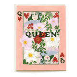 Queen card featuring floral designs and two queen illustrations on a pink background with hearts.