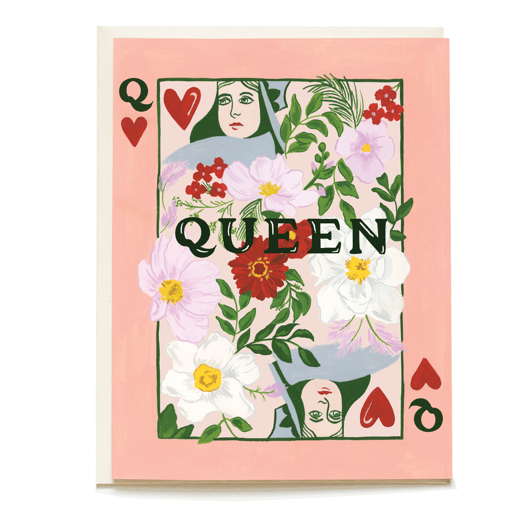 Queen card featuring floral designs and two queen illustrations on a pink background with hearts.