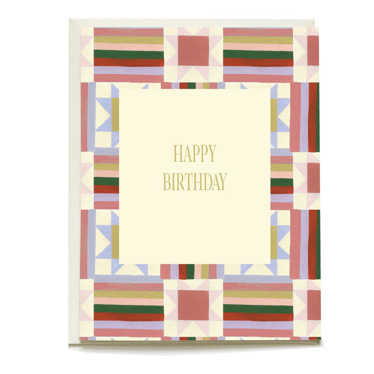 Quilt birthday card featuring a colorful geometric pattern with a central "Happy Birthday" message in gold.