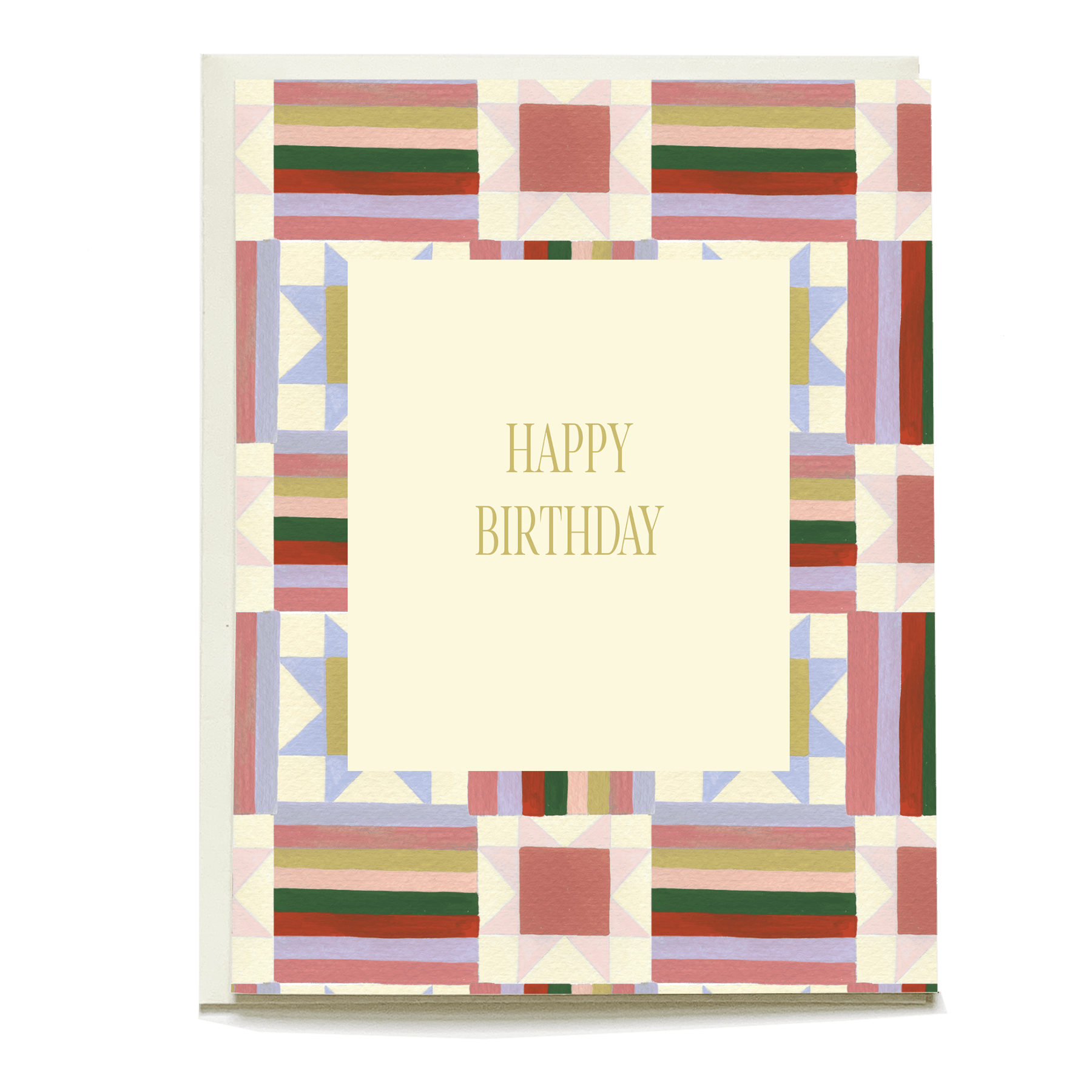 Quilt birthday card featuring a colorful geometric pattern with a central "Happy Birthday" message in gold.