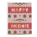 Retro tile holiday card featuring a hexagonal pattern with "Happy Holidays" text in red and yellow on a light background.