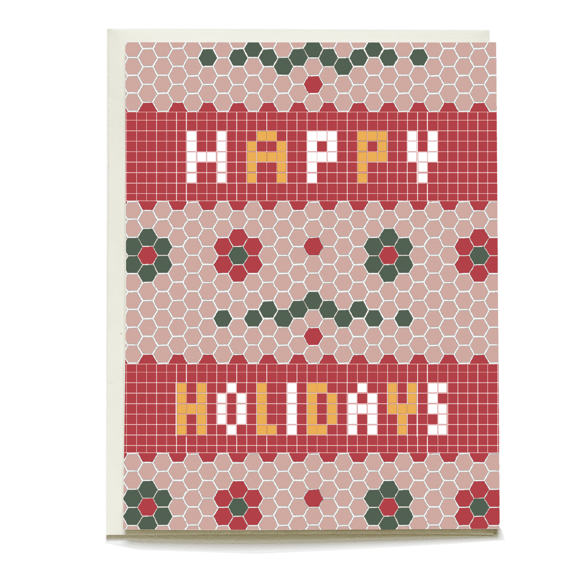 Retro tile holiday card featuring a hexagonal pattern with "Happy Holidays" text in red and yellow on a light background.