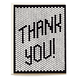 Retro tile thank you card featuring bold black text on a white honeycomb pattern background.