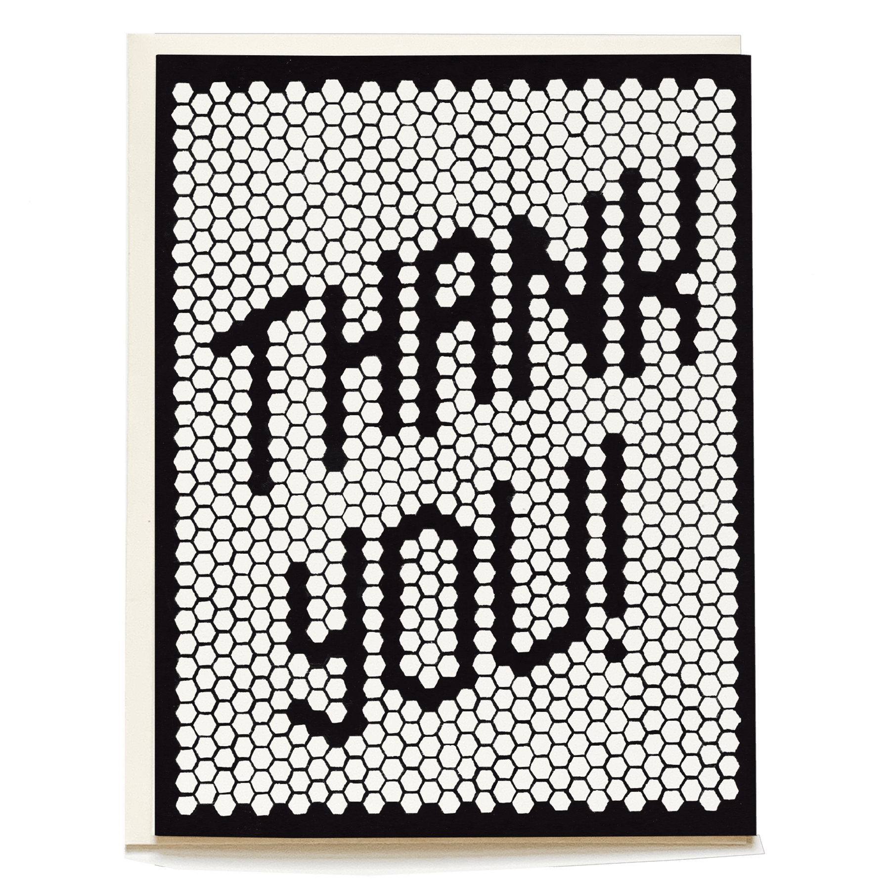 Retro tile thank you card featuring bold black text on a white honeycomb pattern background.