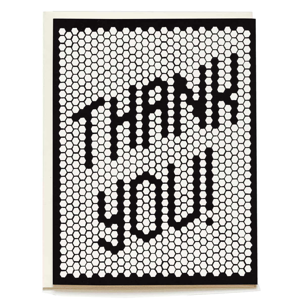 Retro tile thank you card featuring bold black text on a white honeycomb pattern background.