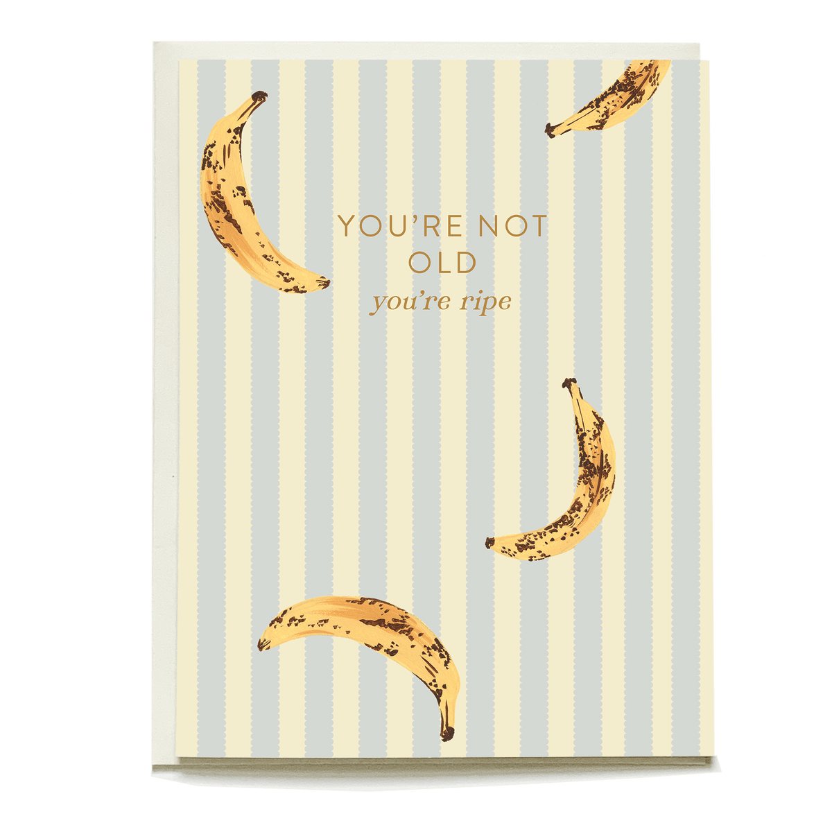 Ripe banana birthday card with yellow bananas and gold text on a striped background.