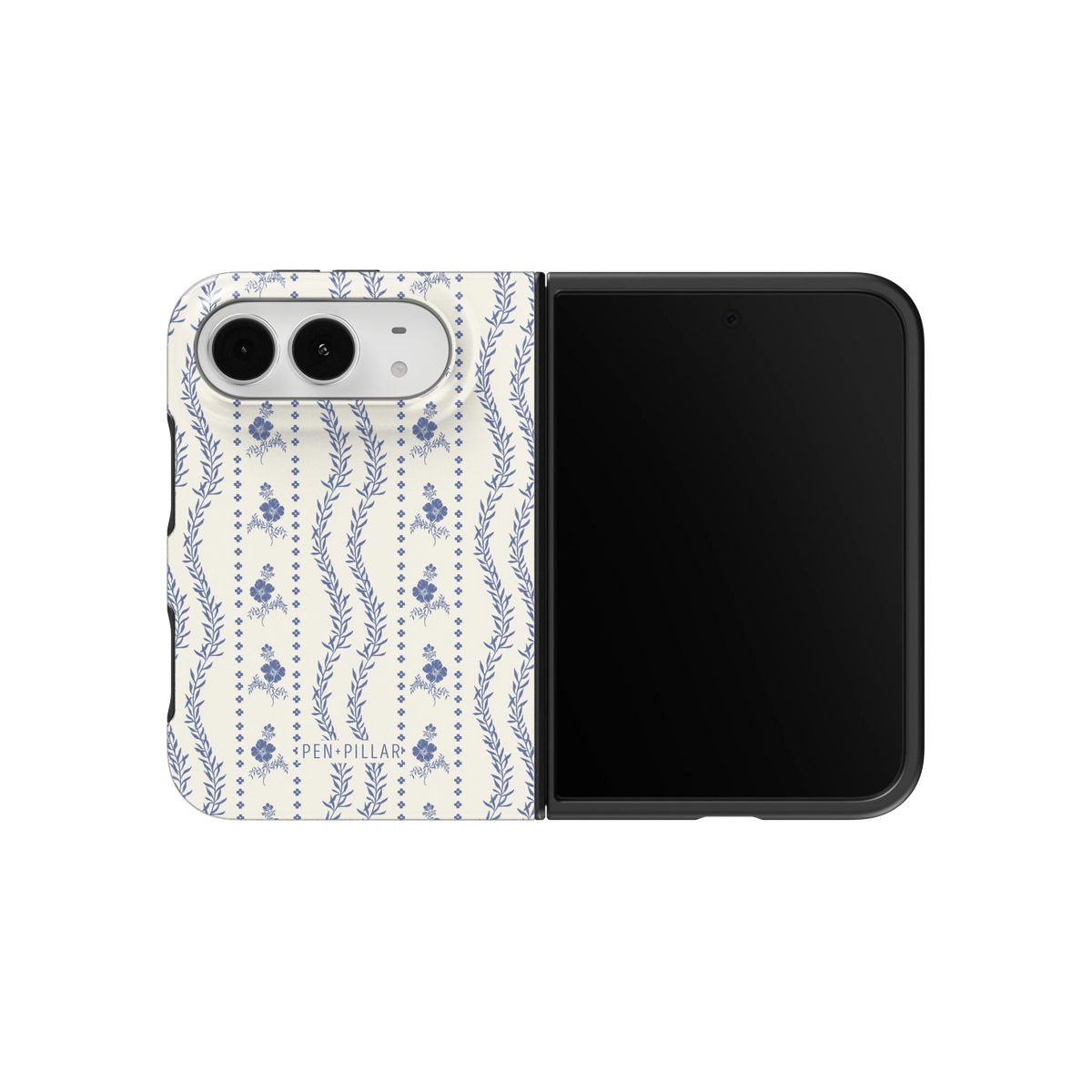 Riviera iPhone 18 Duo case on an unfolded iPhone 18 Duo, back and screen side by side: blue florals and vines in stripes on white