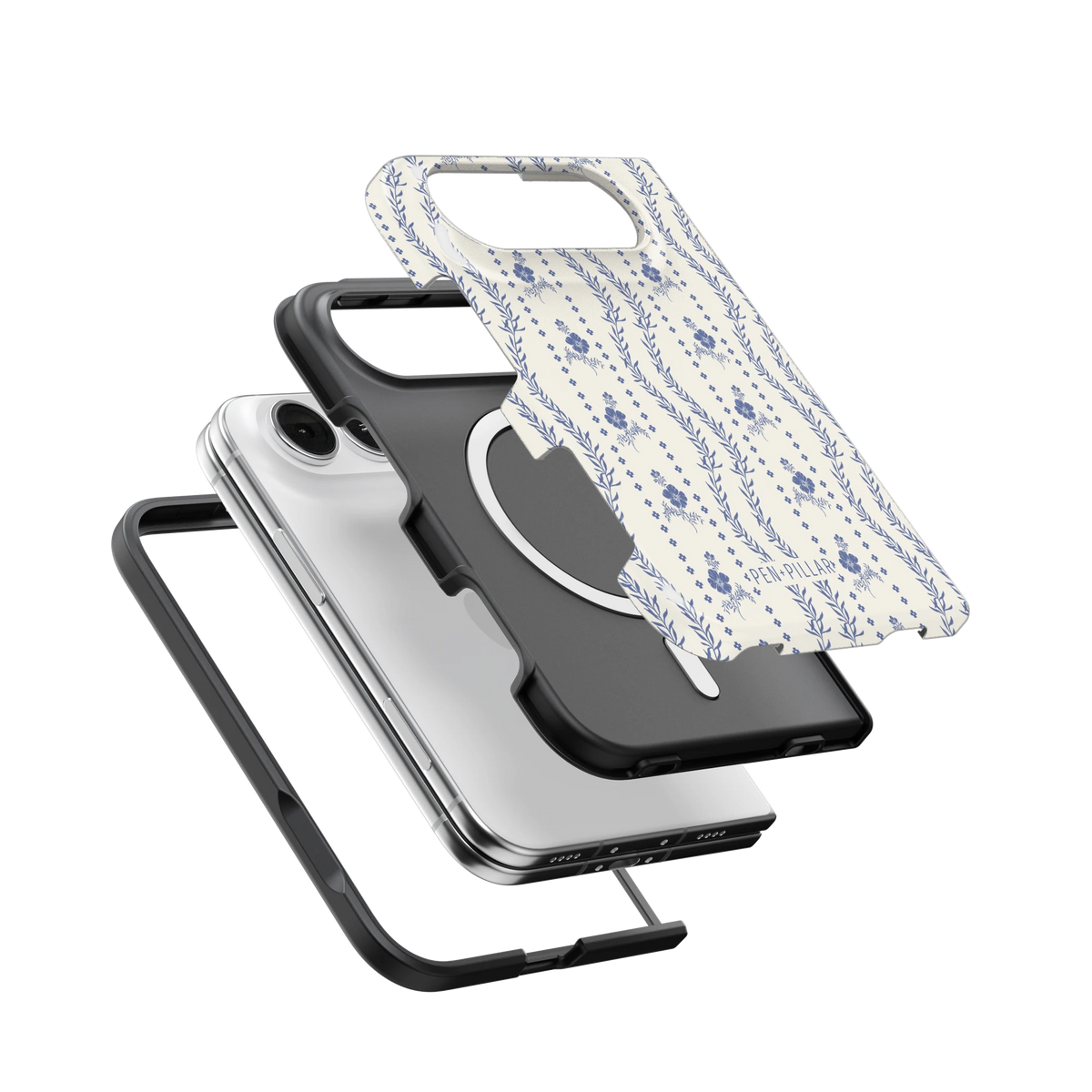 Riviera iPhone 18 Duo case, exploded view of the printed shell, black inner layer with MagSafe ring, and phone