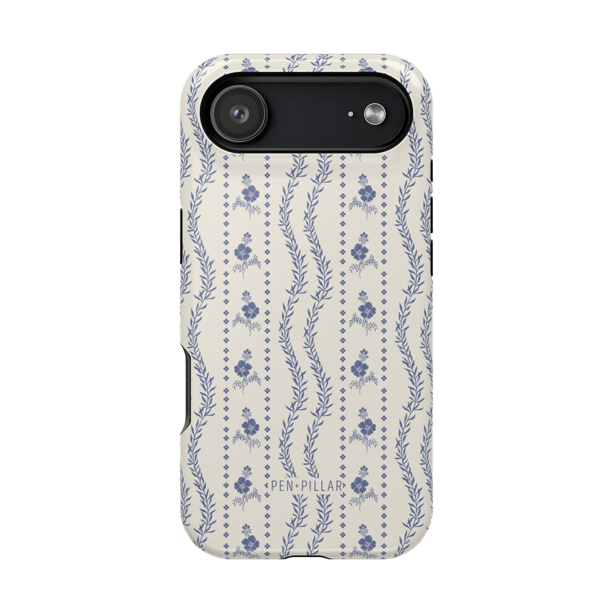Riviera iPhone case featuring a floral pattern in blue and white with a sleek black edge.