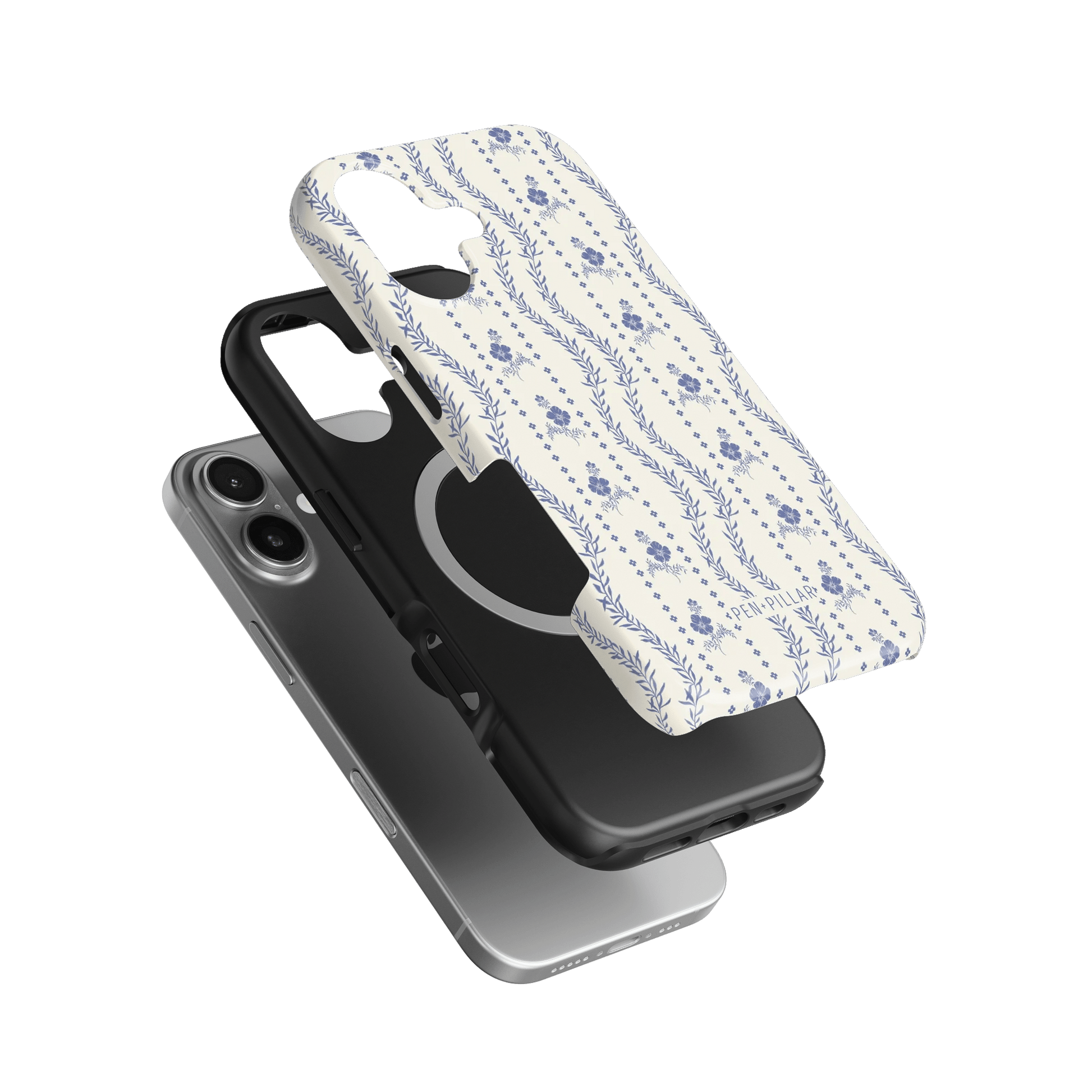 Riviera iPhone case featuring a floral design in blue on a white background, layered over a black case.