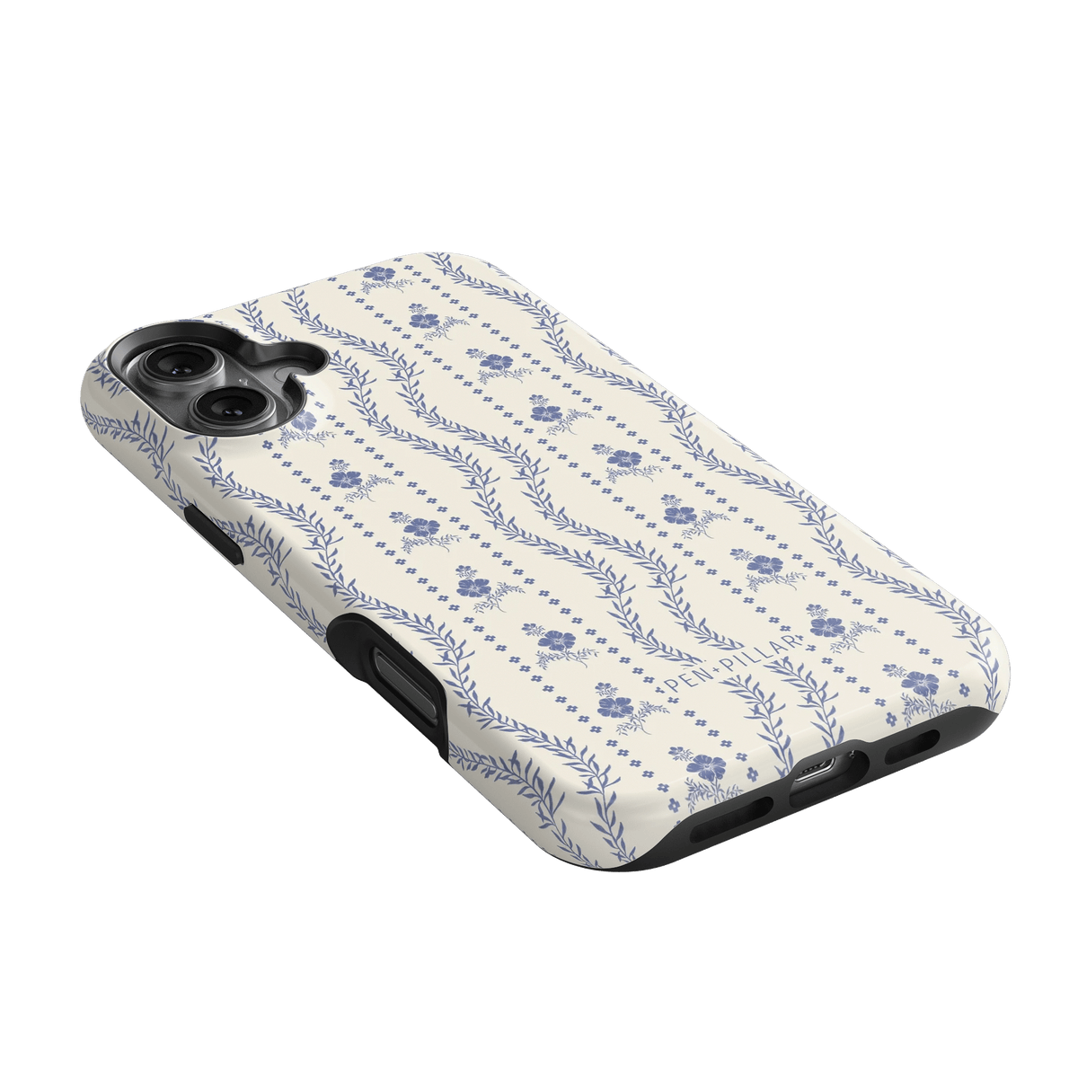 Riviera iPhone case featuring a floral pattern in blue on a cream background with black edges.