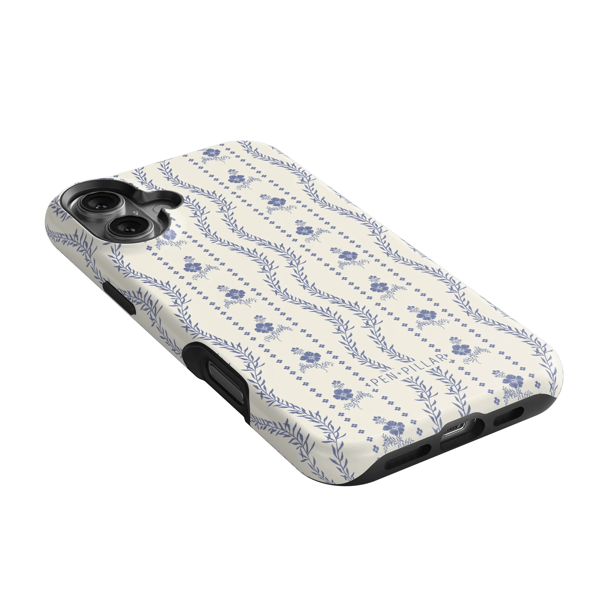 Riviera iPhone case featuring a floral pattern in blue on a cream background, angled to show side buttons.