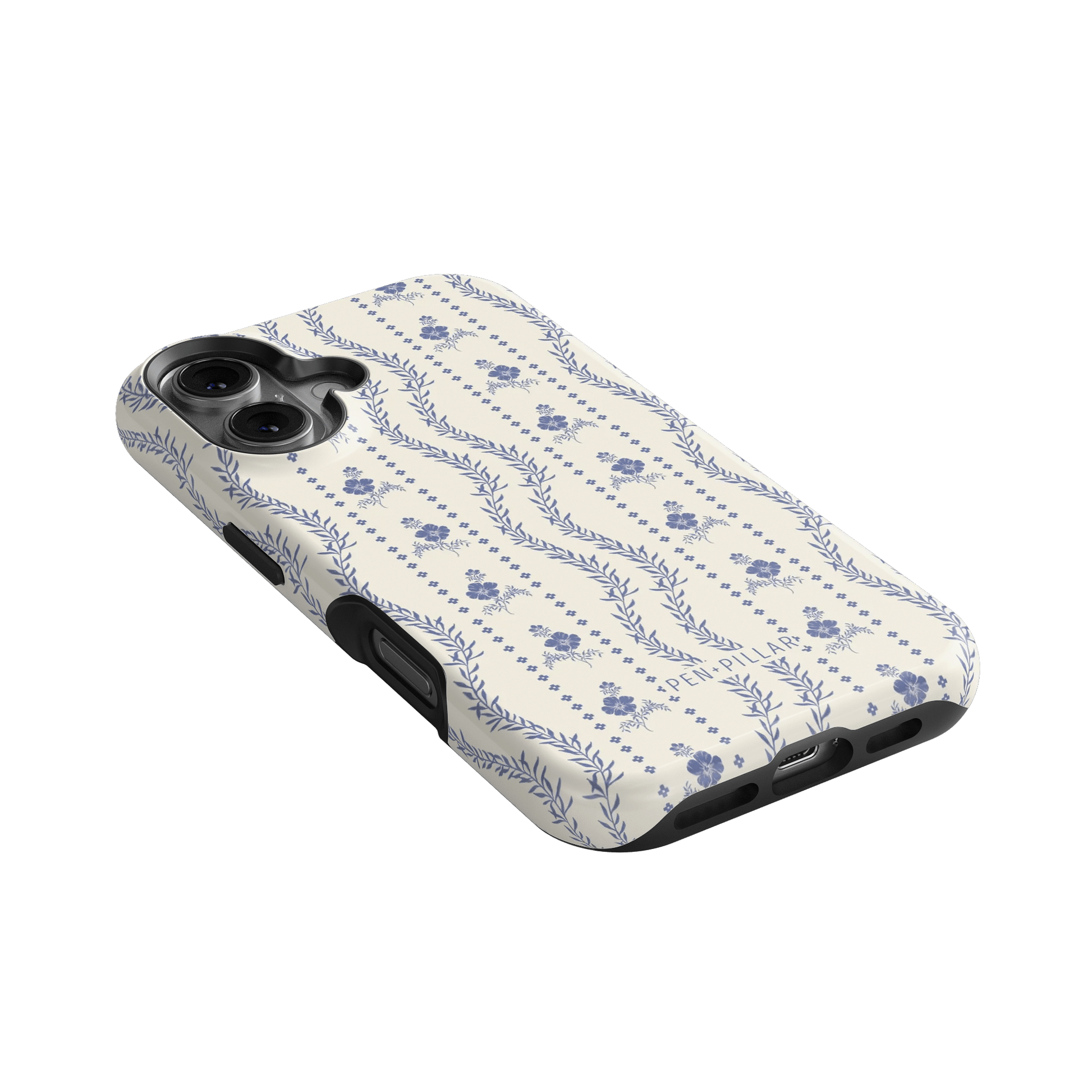 Riviera iPhone case featuring a floral pattern in blue on a cream background, angled to show camera cutouts.