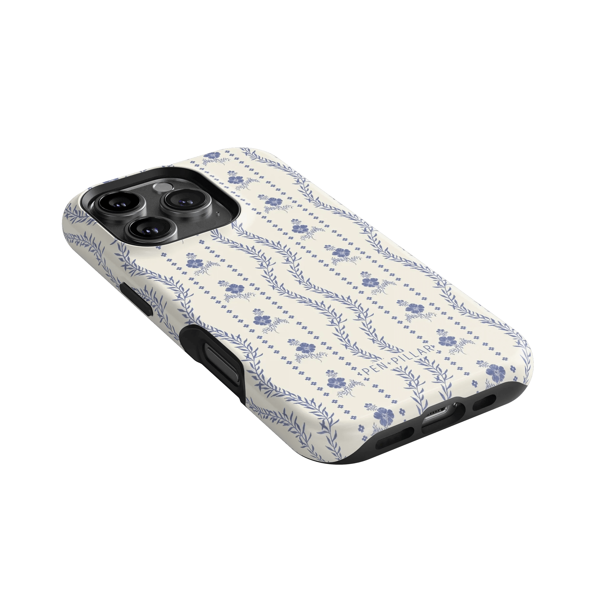 Riviera iPhone case featuring a floral pattern in blue on a cream background, angled view showing camera cutout.