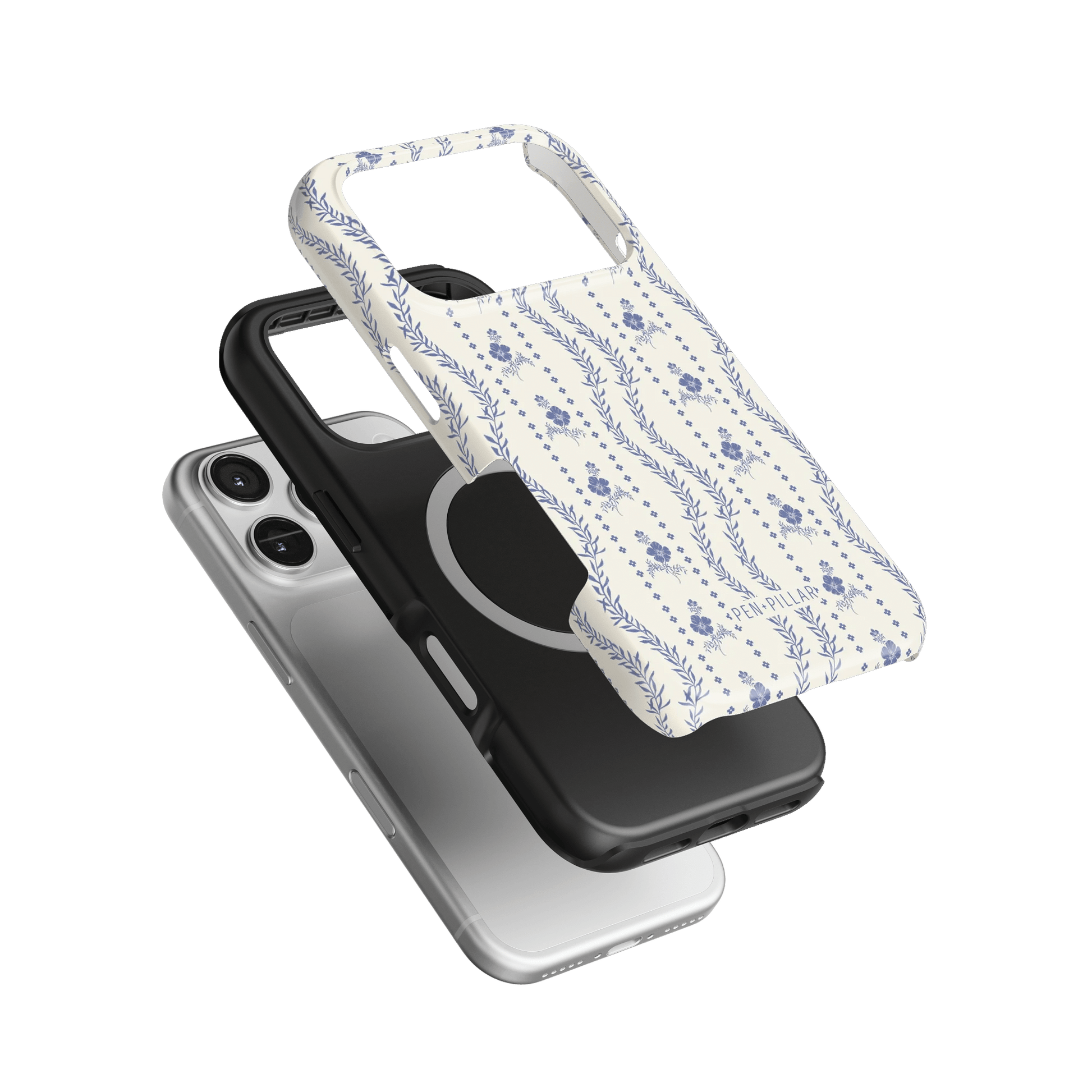 Riviera iPhone case featuring a floral design in blue and white, layered over black and clear cases.