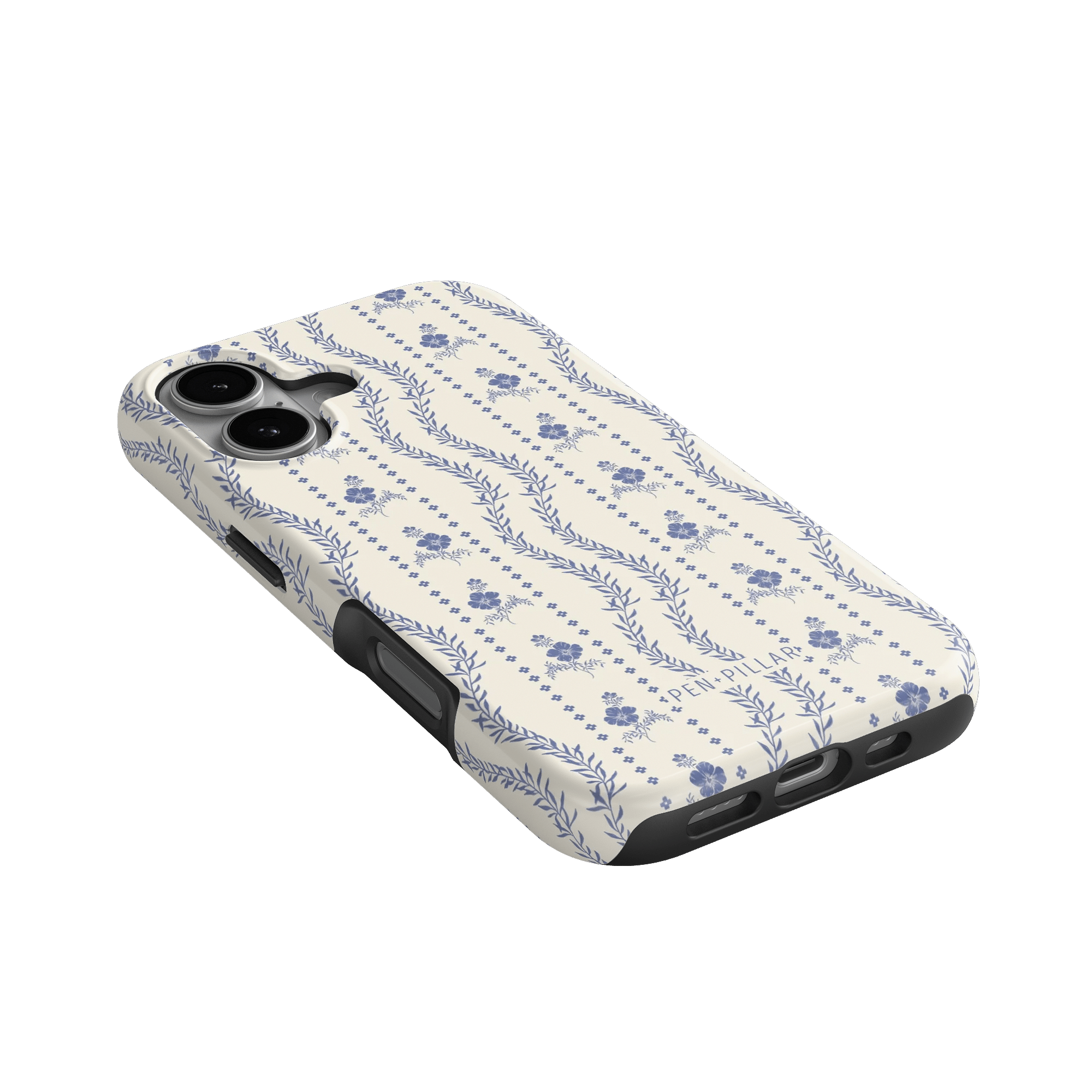 Riviera iPhone case featuring a floral pattern in blue on a cream background, angled to show camera cutouts.
