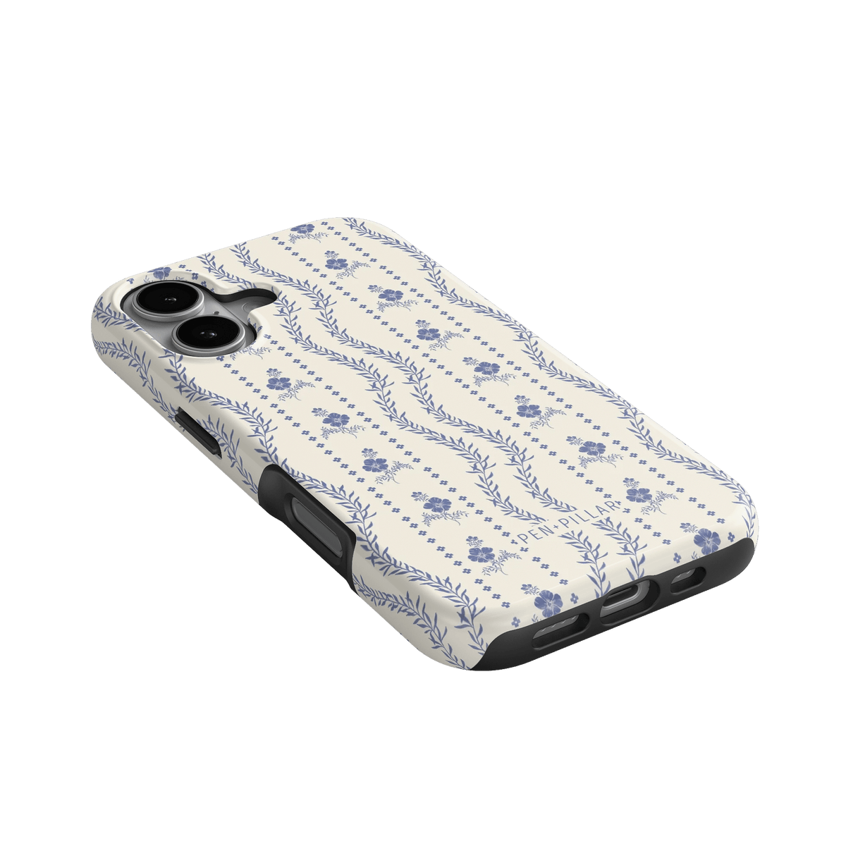 Riviera iPhone case featuring a floral pattern in blue on a cream background, angled to show camera cutouts.