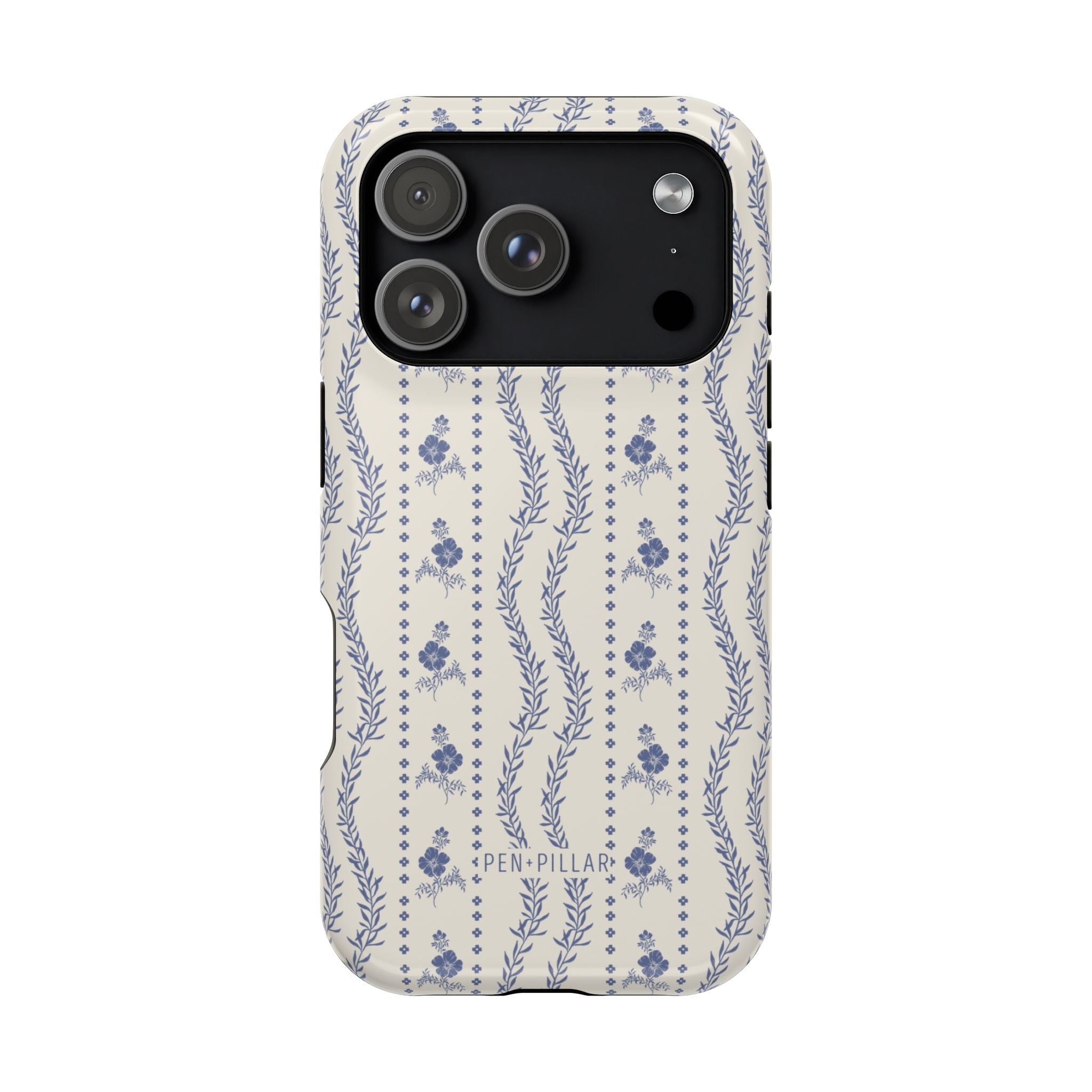 Riviera iPhone case featuring a floral pattern in blue and cream with a sleek design and camera cutout.