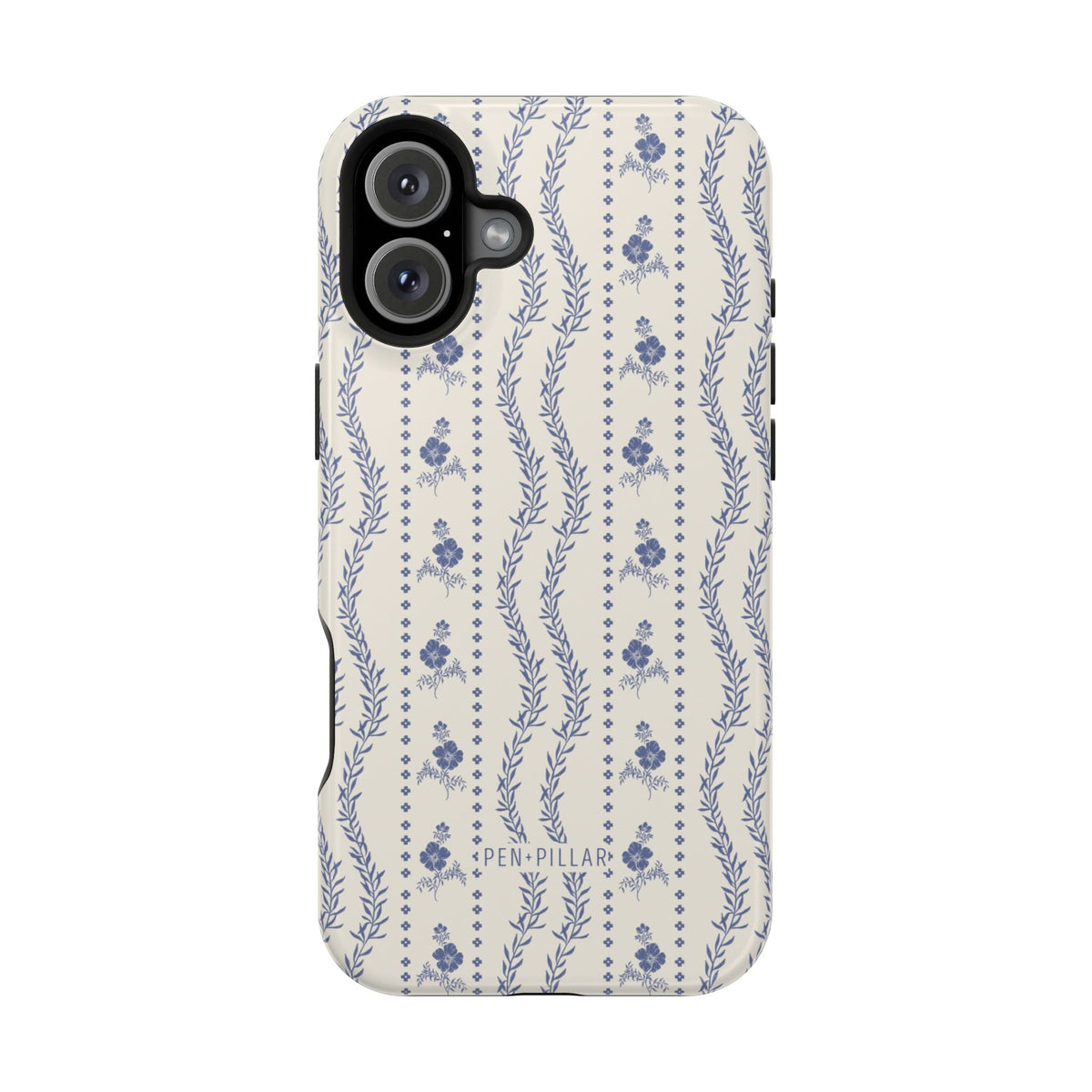 Riviera iPhone case featuring a floral pattern in blue on a cream background with a black edge.
