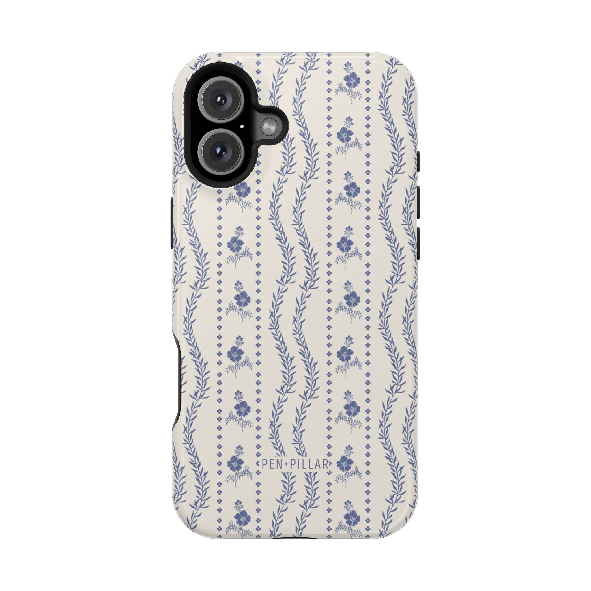 Riviera iPhone case featuring a floral pattern in blue on a cream background with a black edge.
