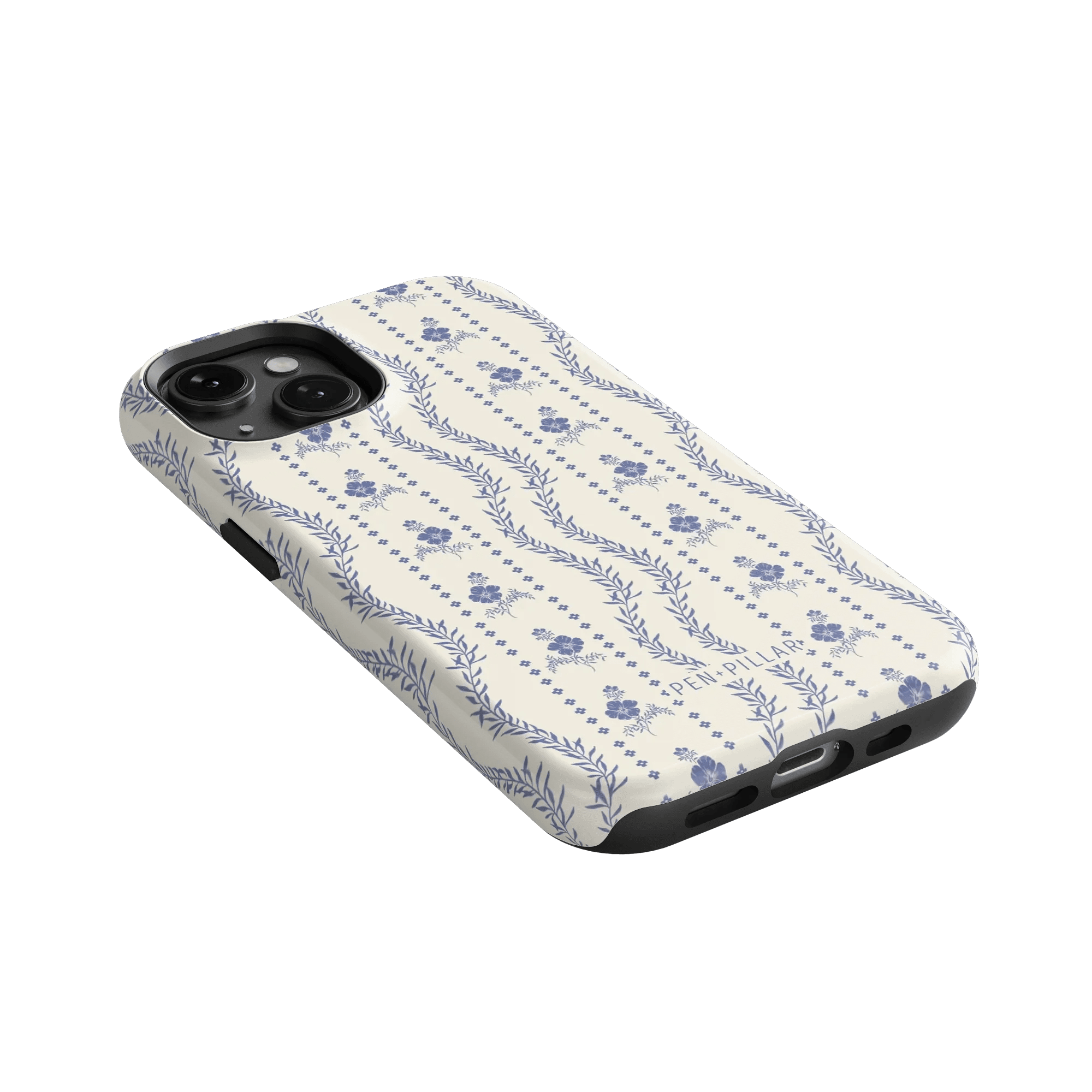 Riviera iPhone case featuring a floral pattern in blue on a cream background, angled to show the side and camera cutout.