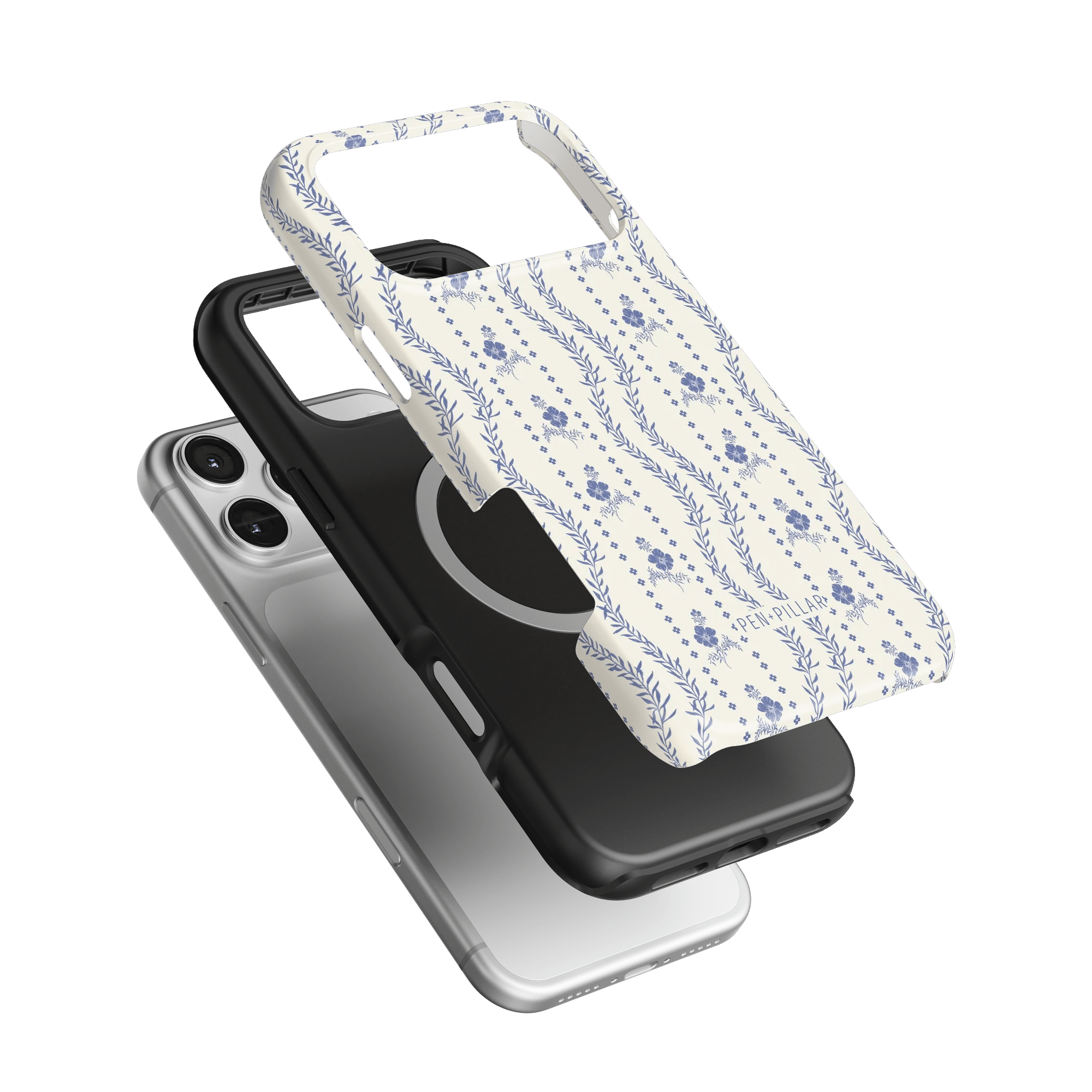 Riviera iPhone case featuring a floral design in blue and white, layered over a black and clear phone case.