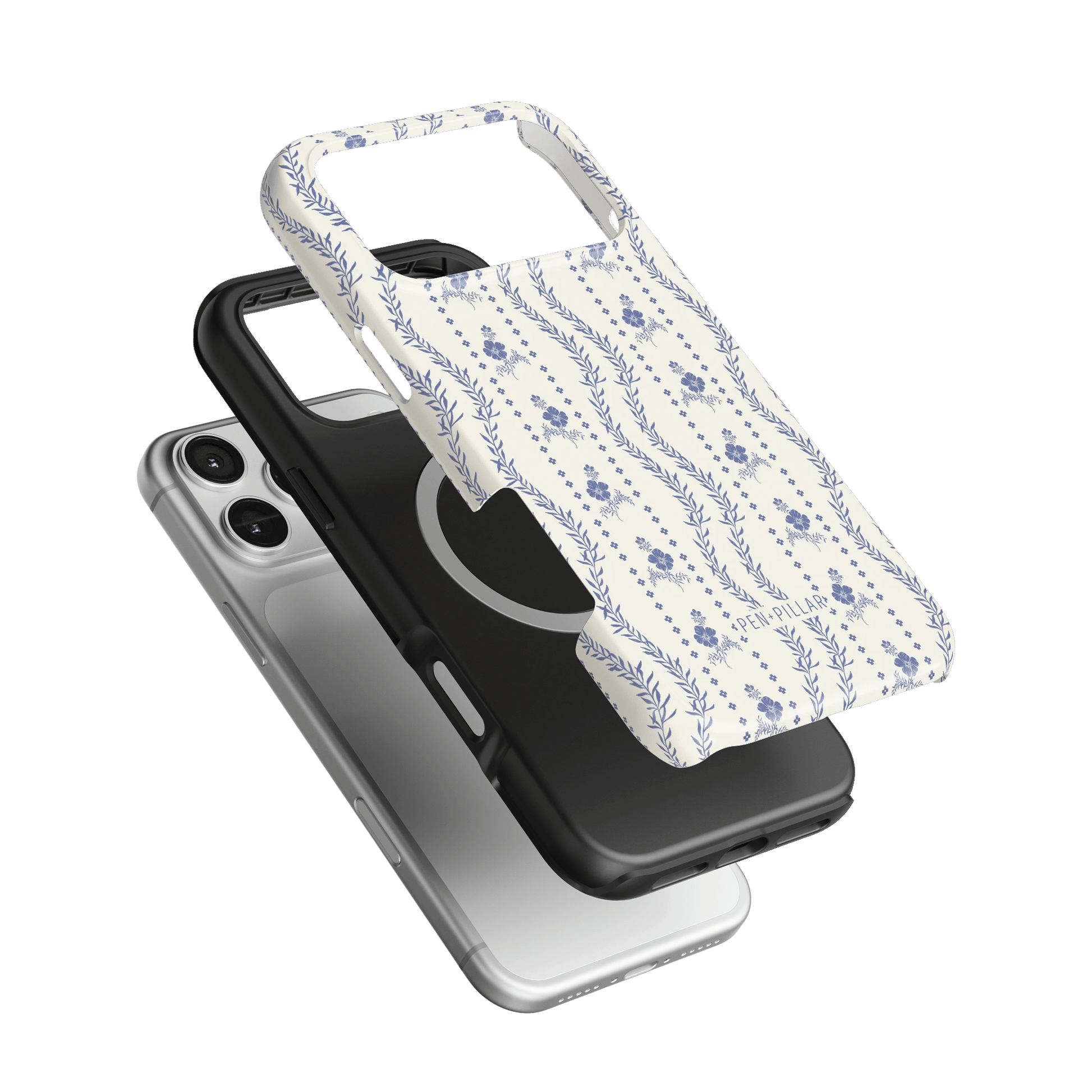 Riviera iPhone case featuring a floral design in blue and white, layered over a black and clear phone case.