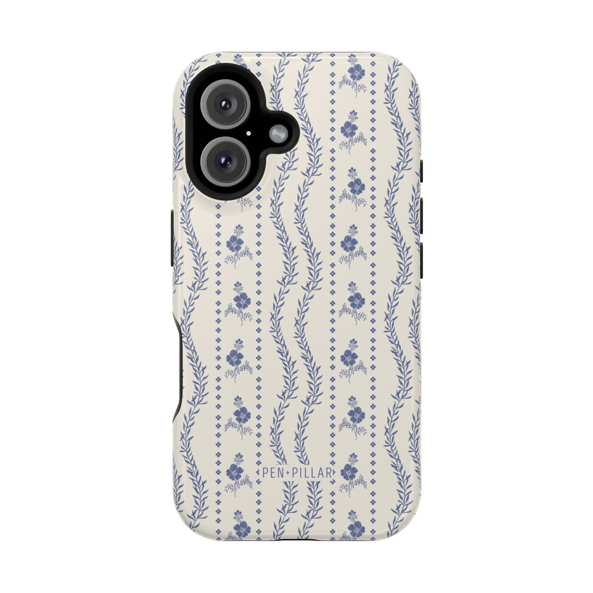 Riviera iPhone case featuring a floral pattern in blue on a cream background with black edges.