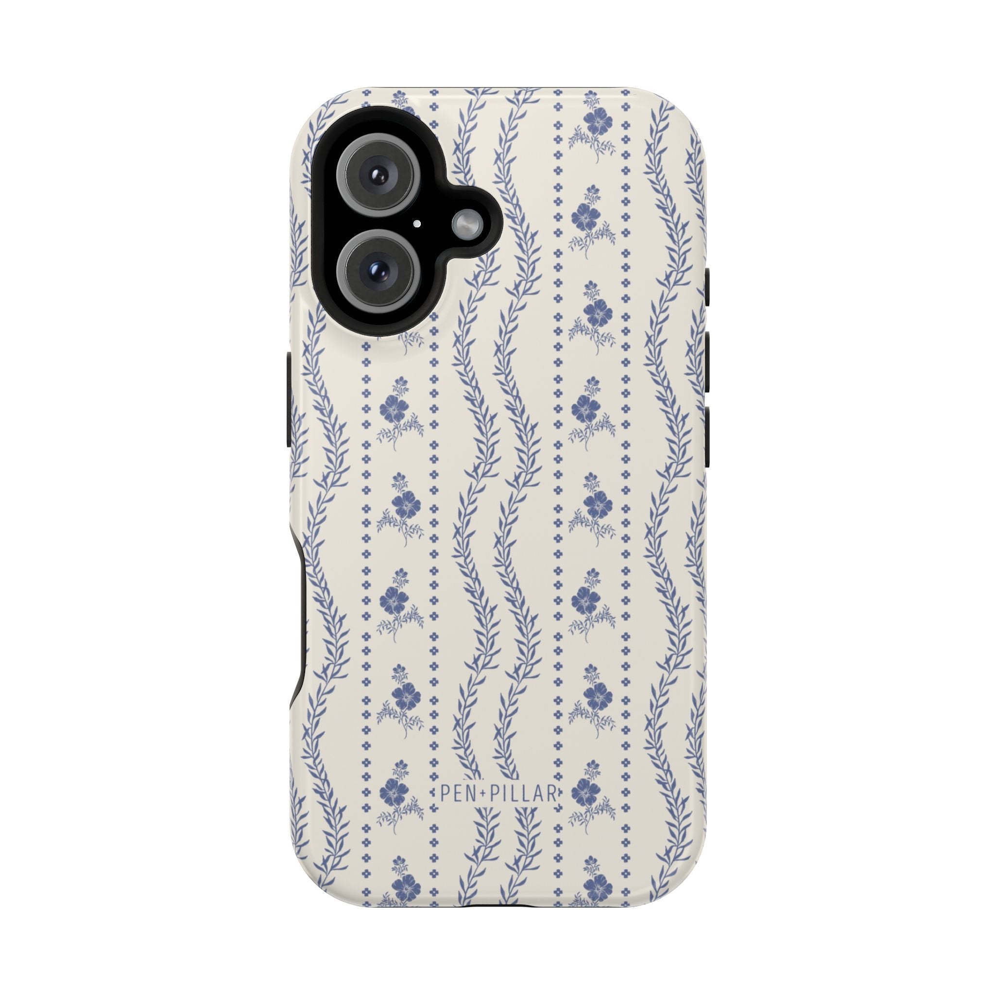 Riviera iPhone case featuring a floral pattern in blue on a cream background with black edges.