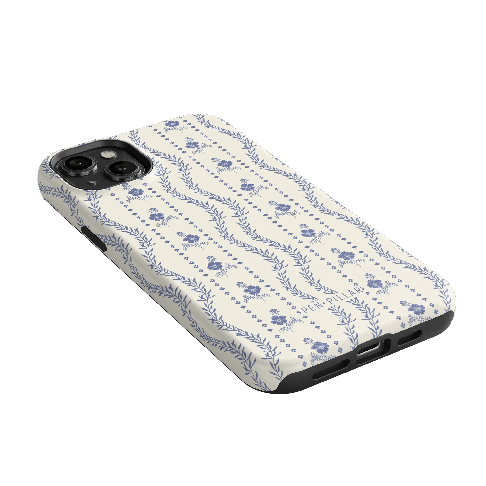 Riviera iPhone case featuring a floral pattern in blue on a cream background, angled to show the camera cutout.