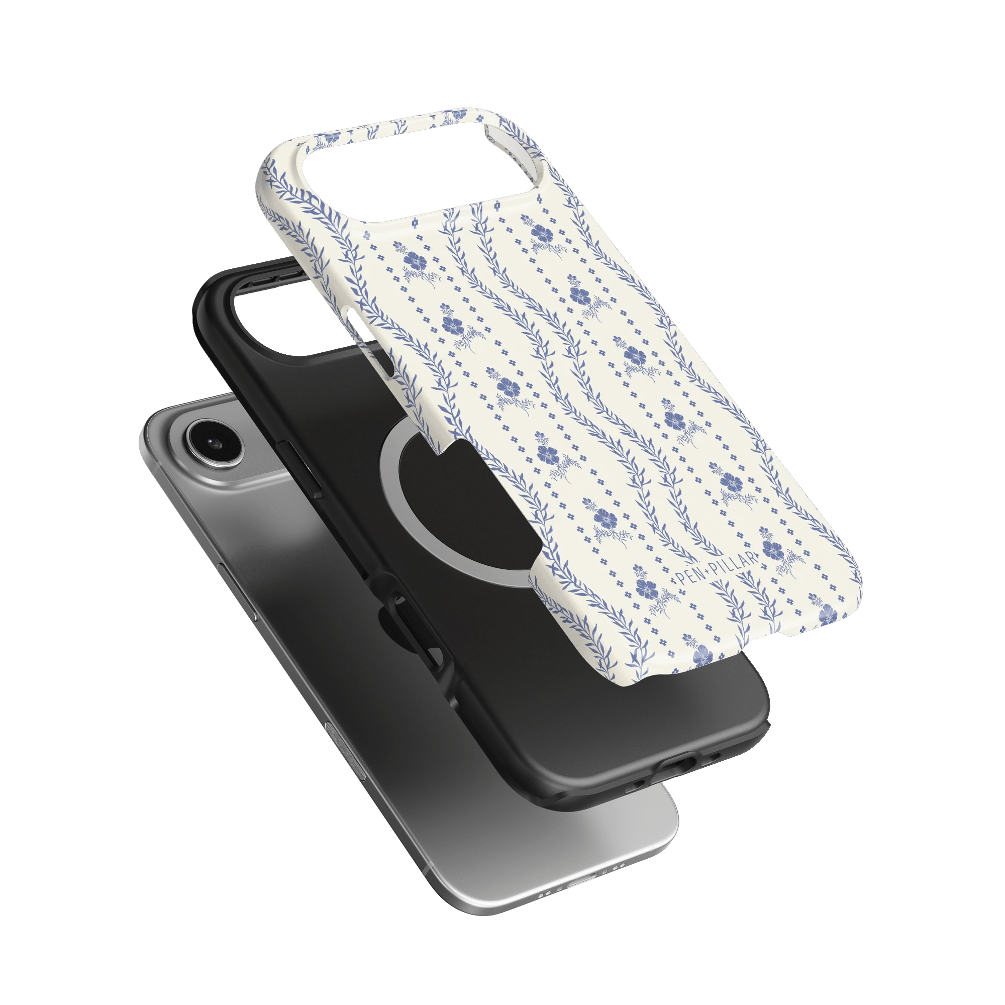 Riviera iPhone case featuring a floral design in blue on a white background, layered over a black phone case.