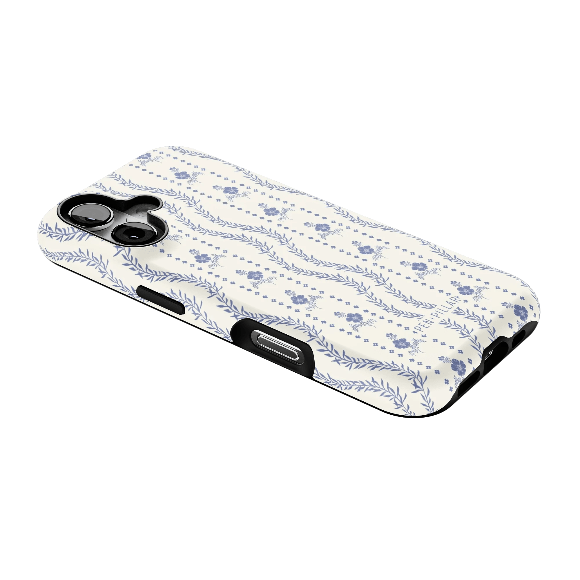 Riviera iPhone case featuring a floral pattern in blue and white on a black background, angled view showing ports.